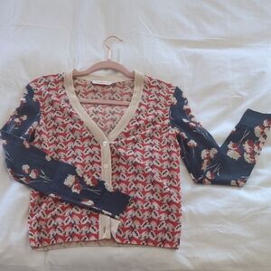 Floral Patterned Cardigan with Cream Trim
